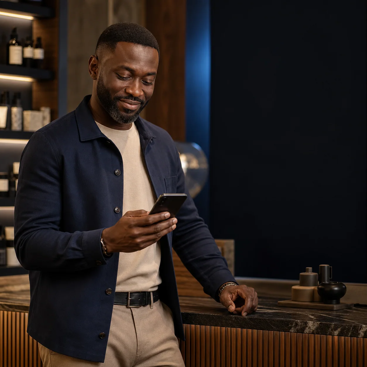 Illustrative retail business owner reviewing a customer sale.