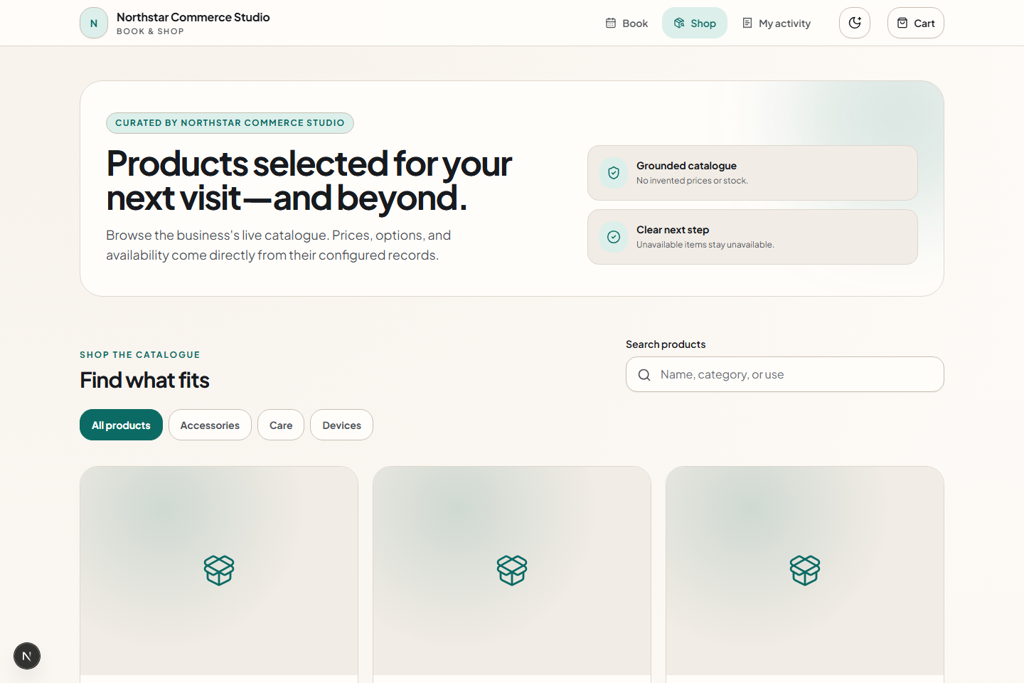 ChatFlow customer order portal showing fictional catalogue products and a structured path from browsing to cart.