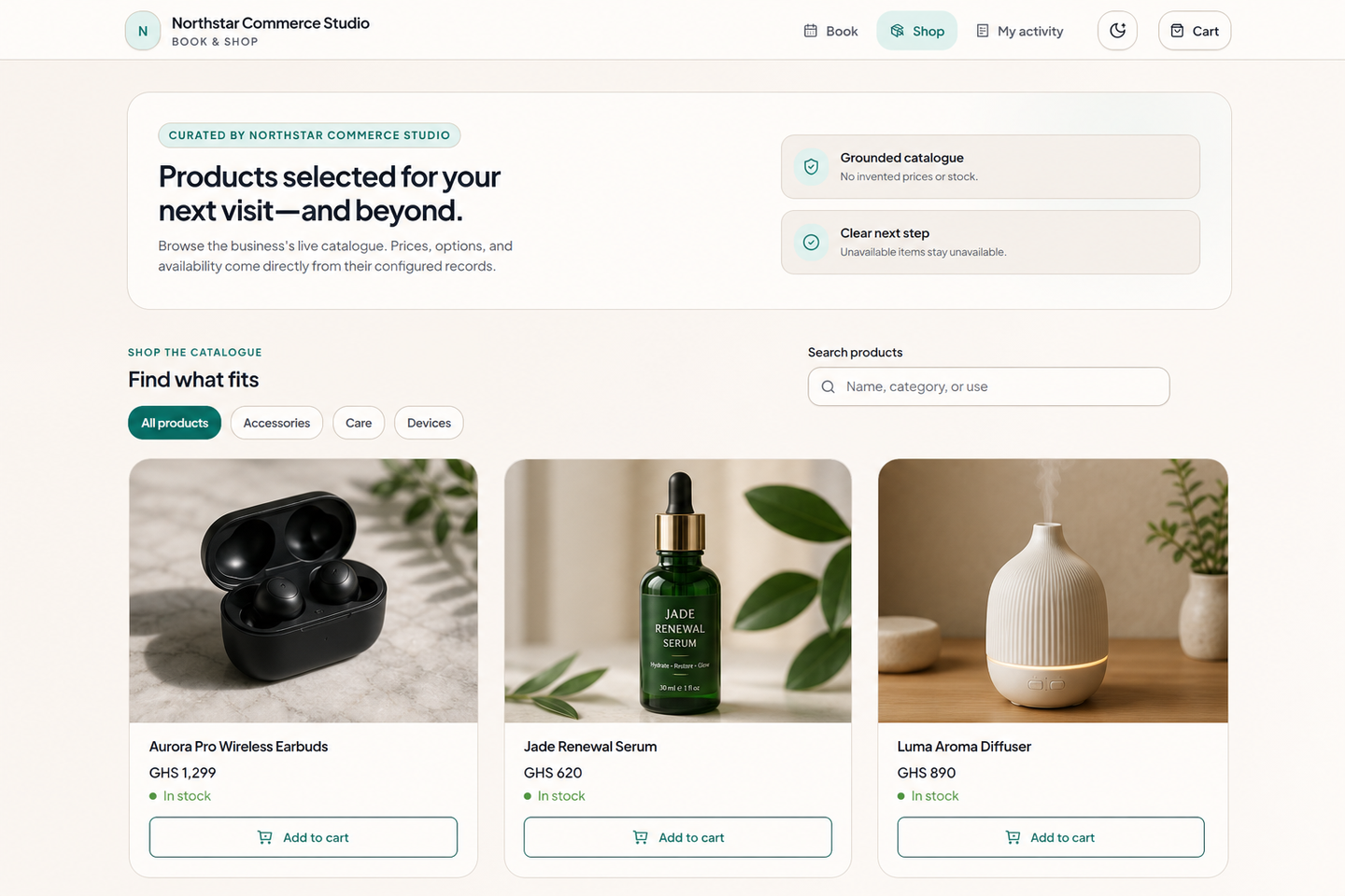 ChatFlow customer order portal showing fictional products, GHS prices, stock status, and add-to-cart actions.