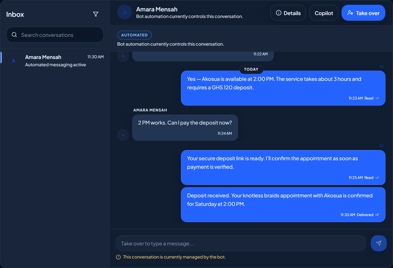 ChatFlow Inbox showing a fictional customer conversation moving from availability and deposit collection to a confirmed appointment, with human takeover controls visible.